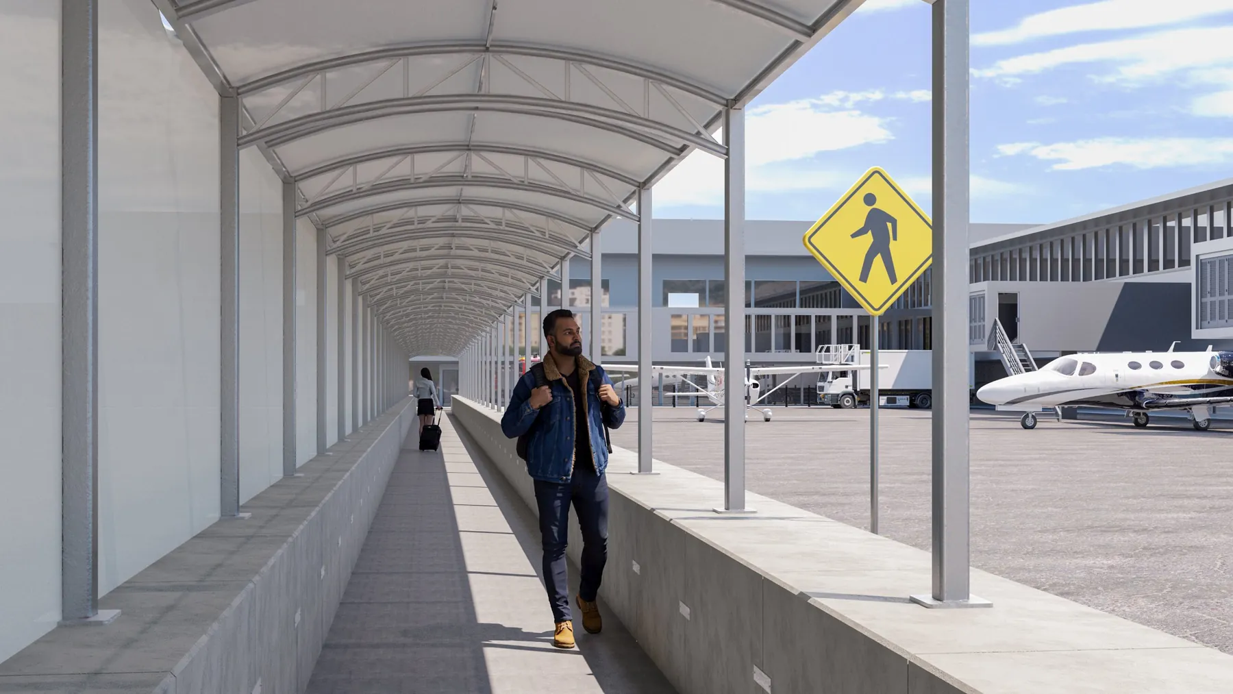 Design render of a covered fabric walkway beside an airport apron