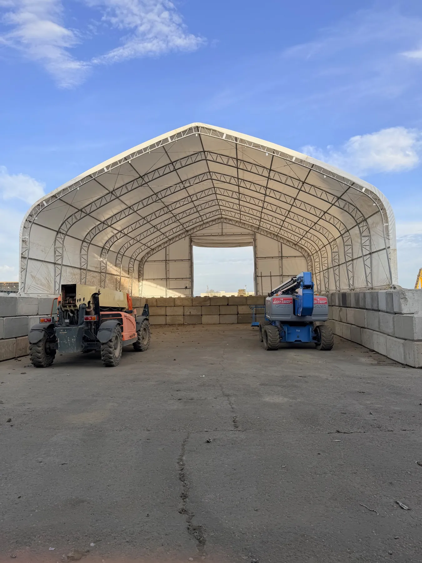 50 by 100 foot gable fabric building on lock-block walls in Edmonton, Alberta