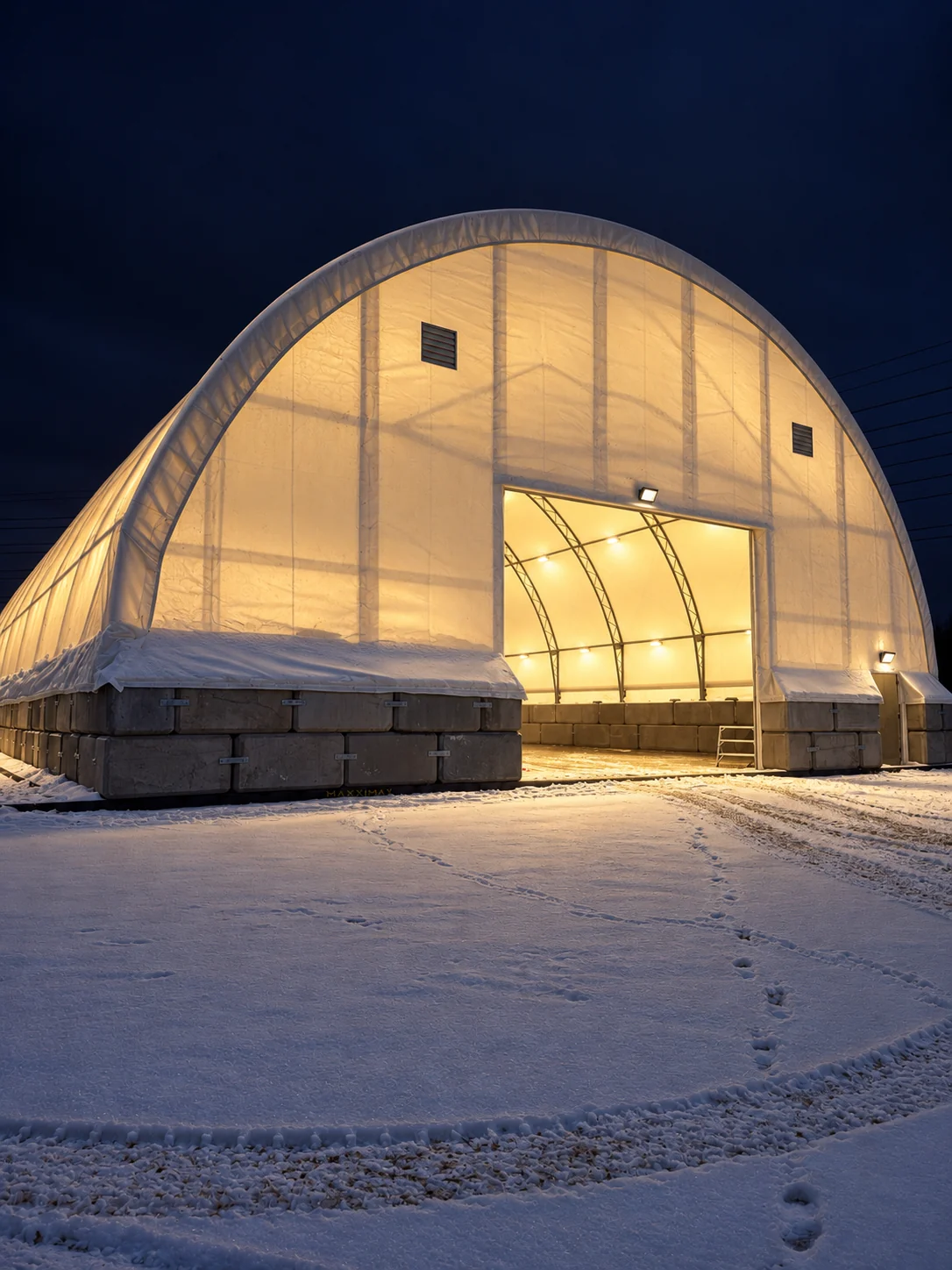 Engineered fabric building on a concrete block foundation, lit at night after fresh snow