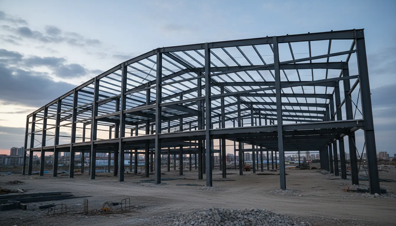 Large pre-engineered metal building frame erected at dusk