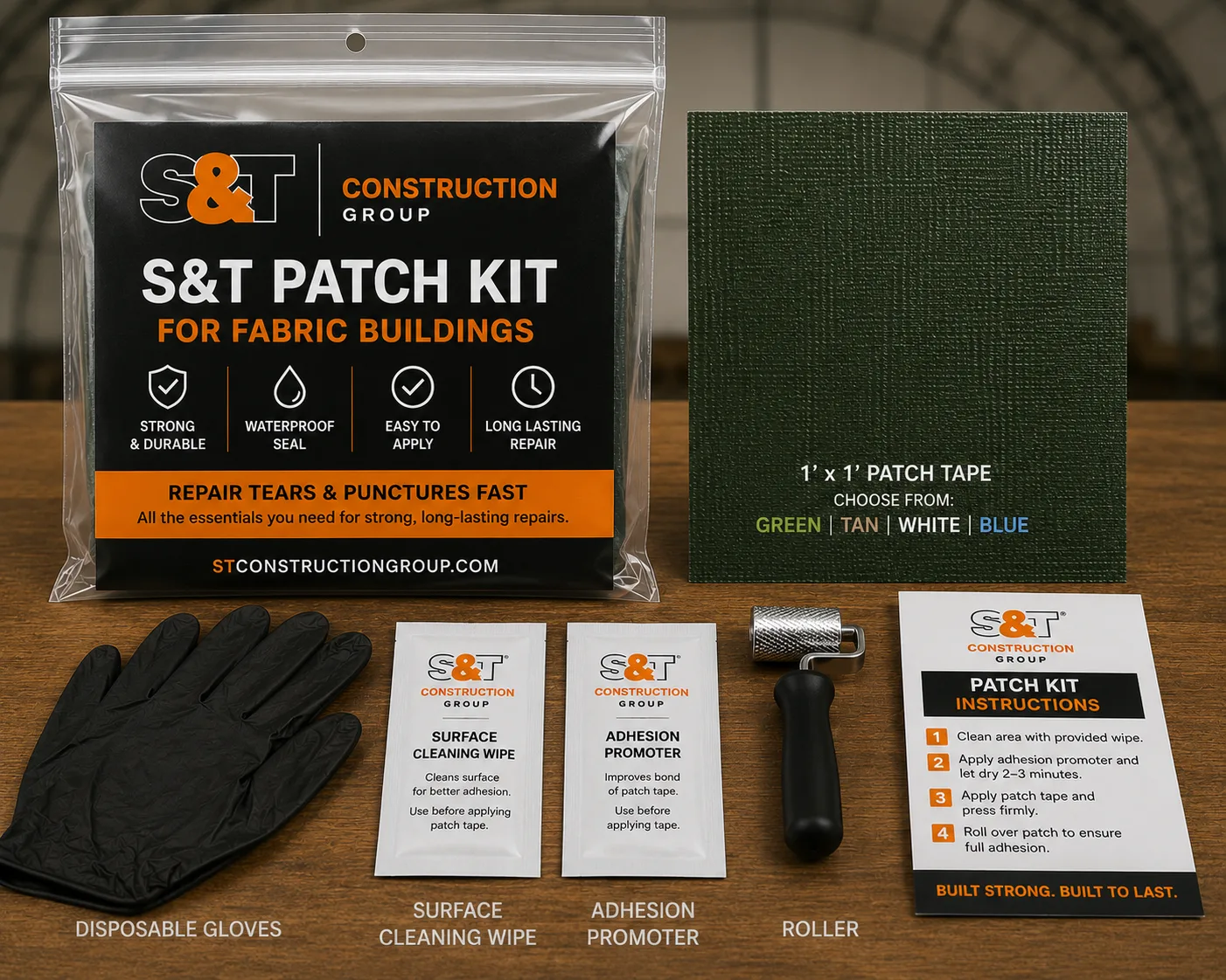 S&T Patch Kit contents — patch tape in four colours, adhesion promoter, cleaning wipe, roller, gloves and instructions
